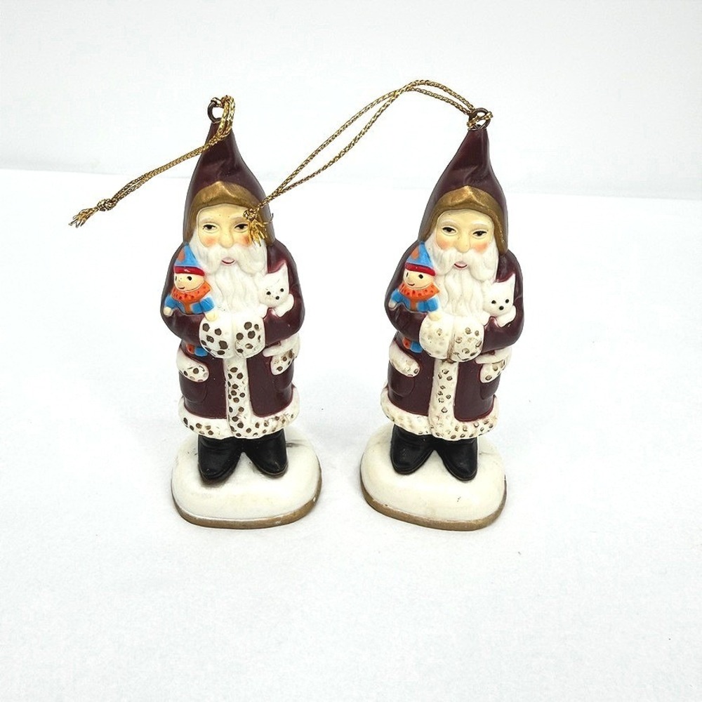 Memories of Santa Figurine Ornaments Holding Cat SET of 2 VTG Christmas Decor